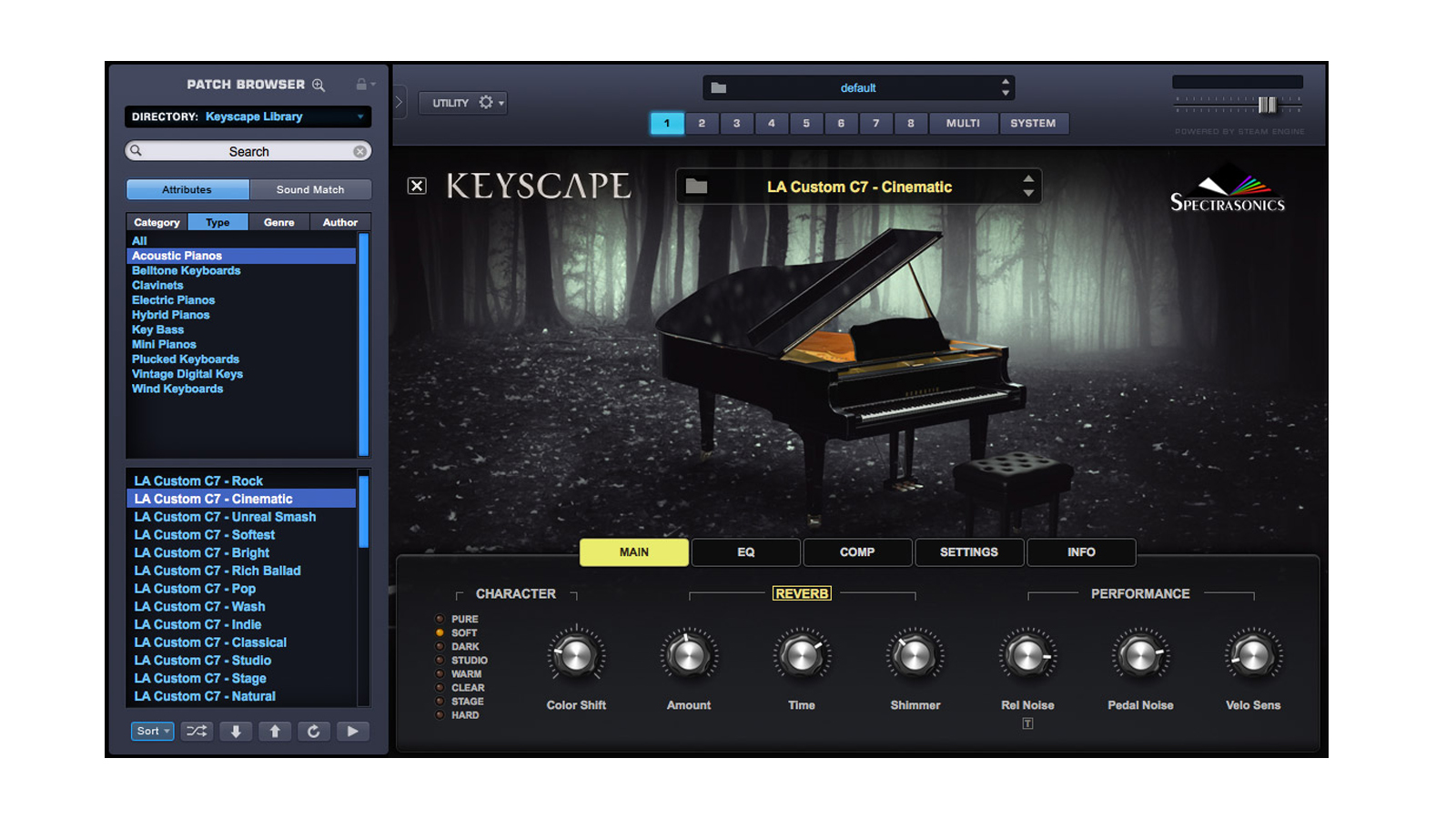 Keyscape software interface showing a grand piano image and a sidebar menu of sound presets.