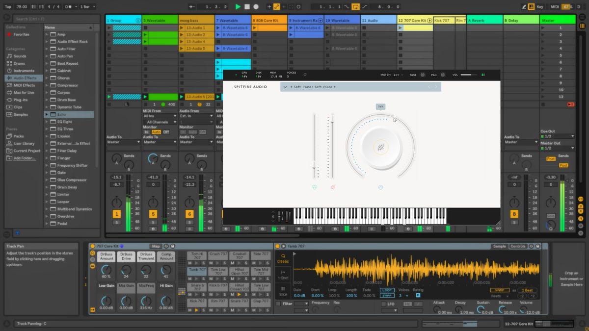 A Spitfire Audio LABS piano plugin window open inside the Ableton Live digital audio workstation.