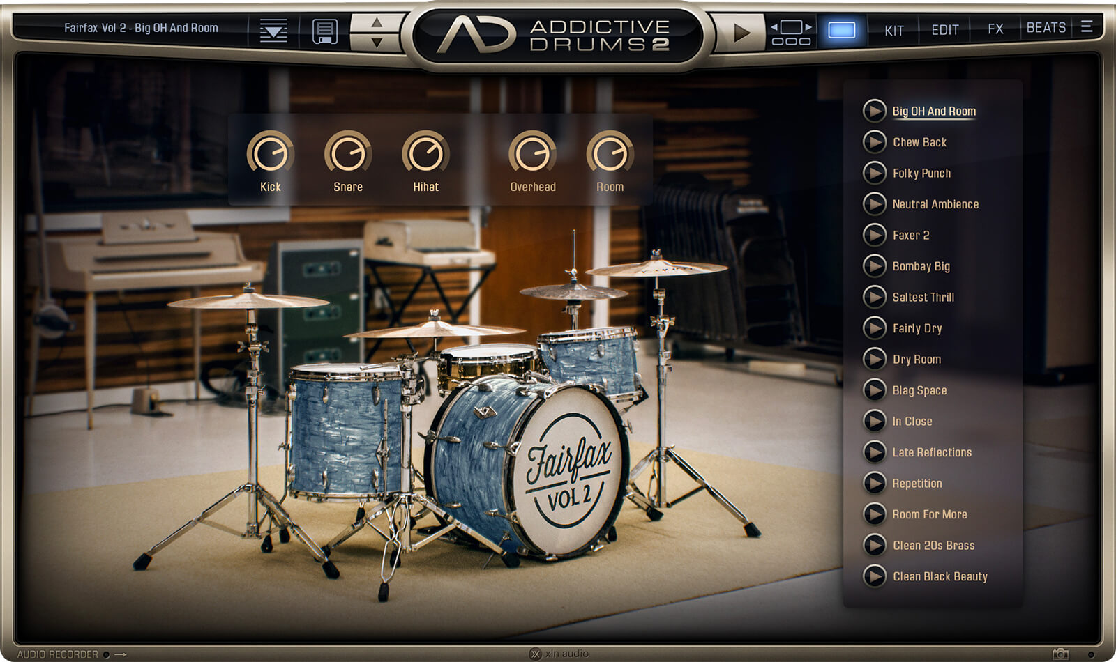 The interface of Addictive Drums 2 by XLN Audio showing a Fairfax Vol. 2 drum kit with a list of sound presets.