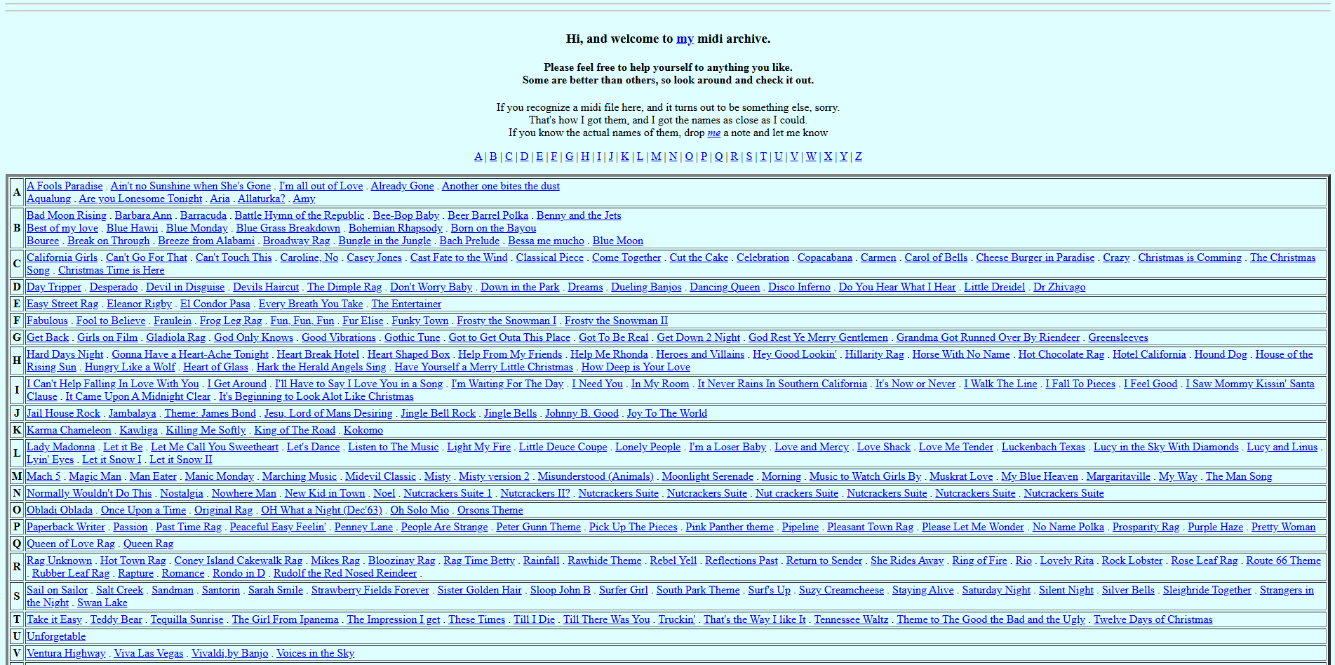 Minimalist MIDI archive website with a plain text list of songs categorized alphabetically.