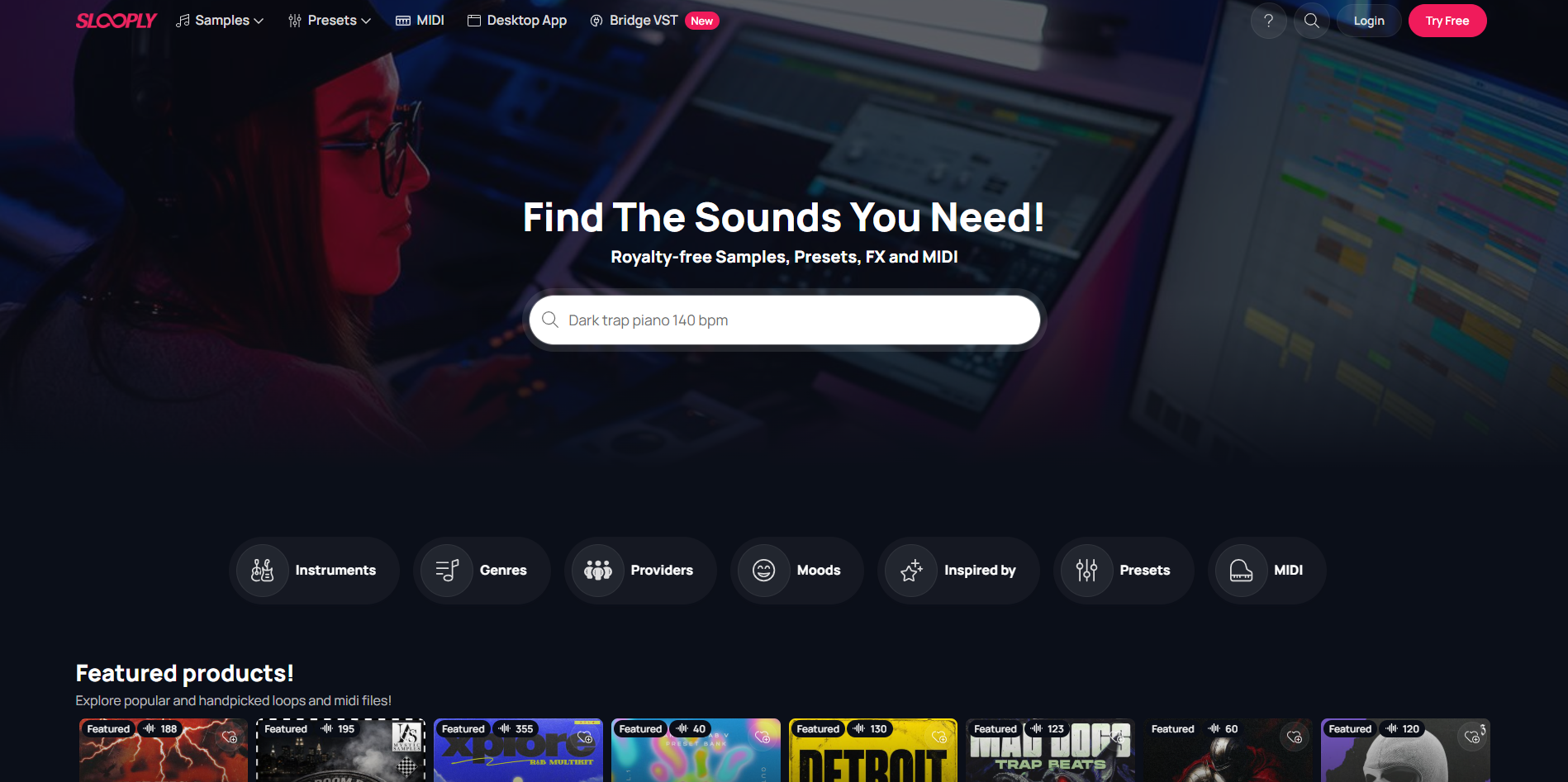 Slooply homepage with a dark theme, a large search bar, and featured audio product thumbnails.