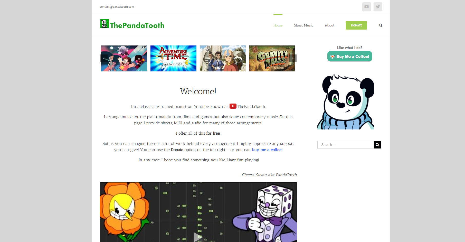 ThePandaTooth homepage featuring a panda mascot and cartoon thumbnails for sheet music.