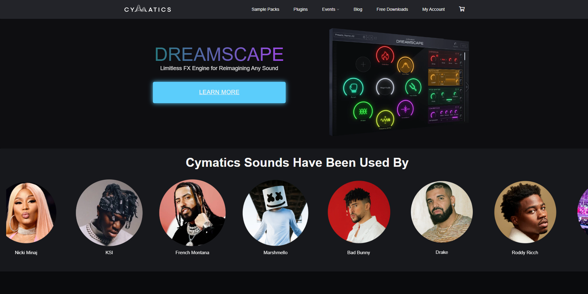 Cymatics homepage featuring a "Dreamscape" banner and a row of celebrity artist headshots.