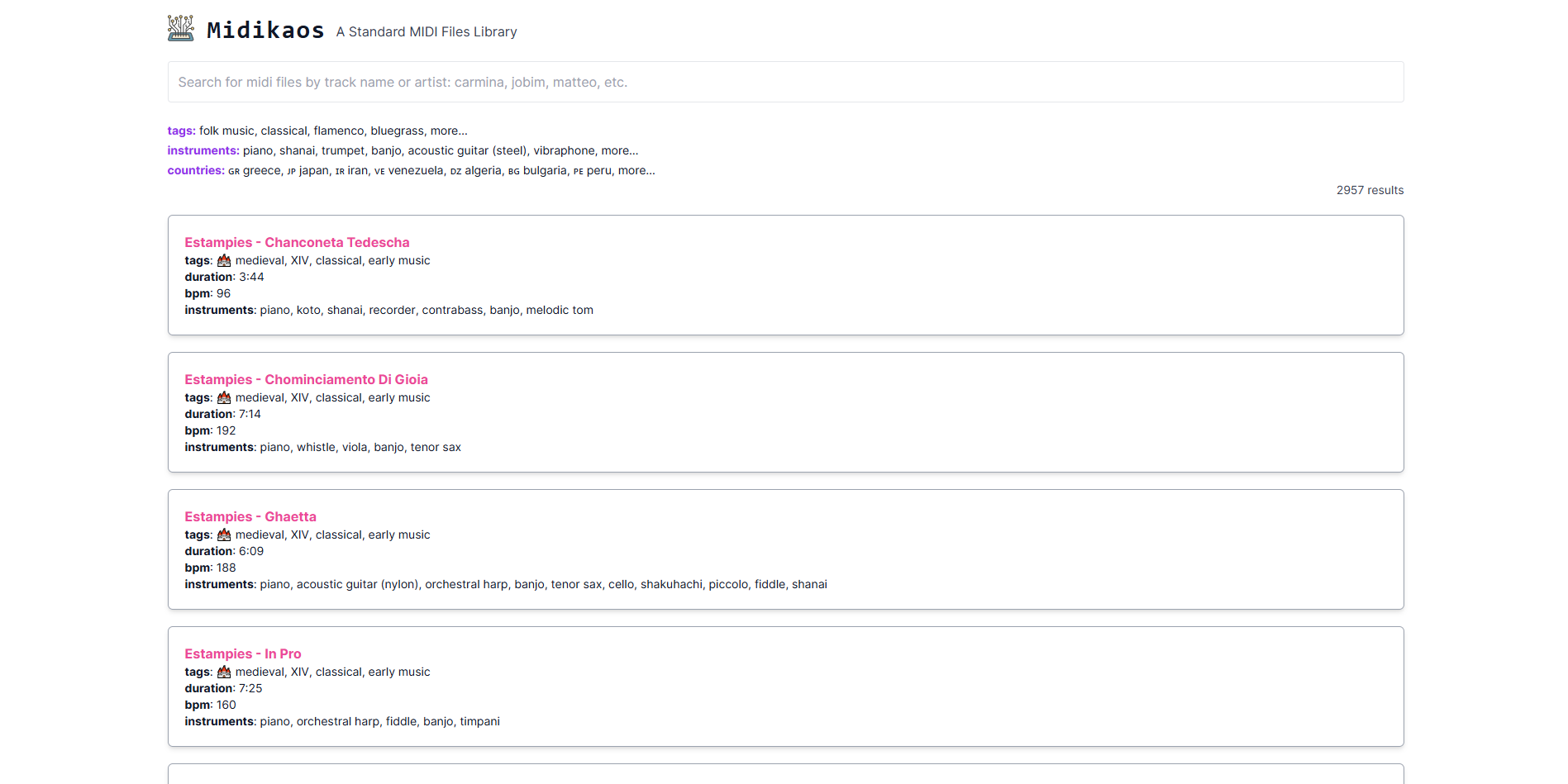 Midikaos homepage with a clean white interface and a detailed list of MIDI tracks.