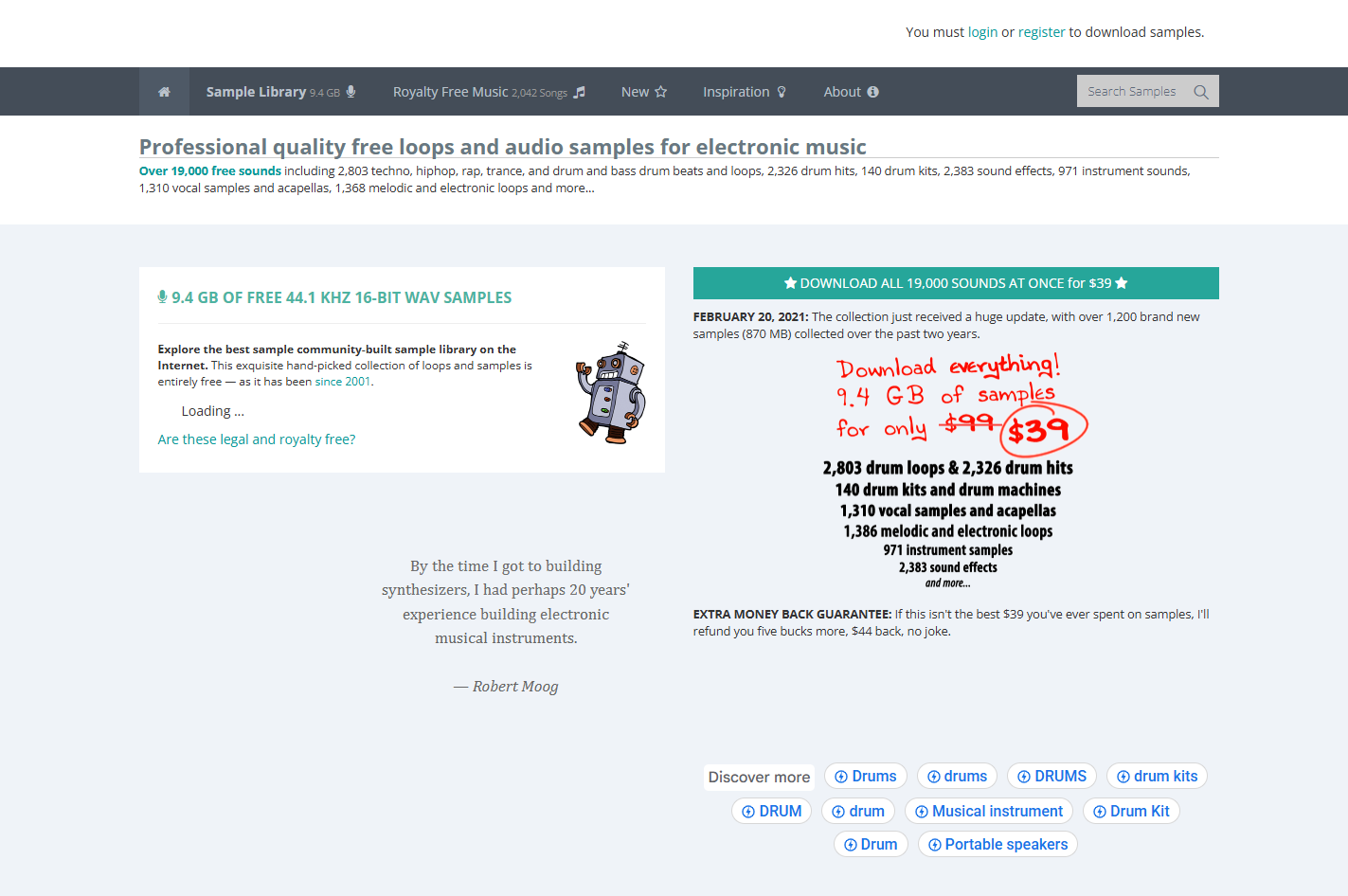 SampleSwap homepage featuring a robot mascot and a list of free audio sample categories.
