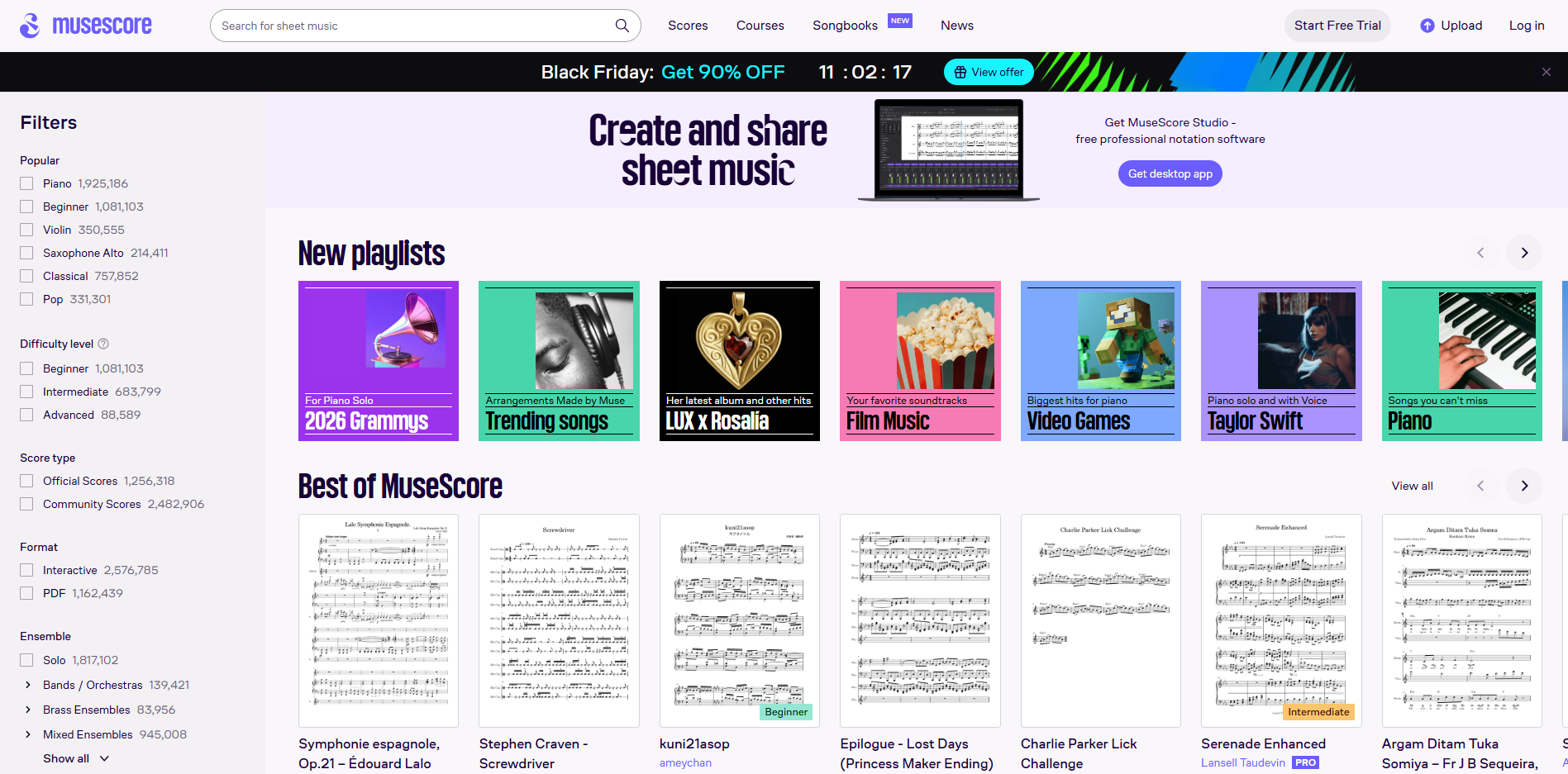 MuseScore homepage with sheet music playlists and filter options.