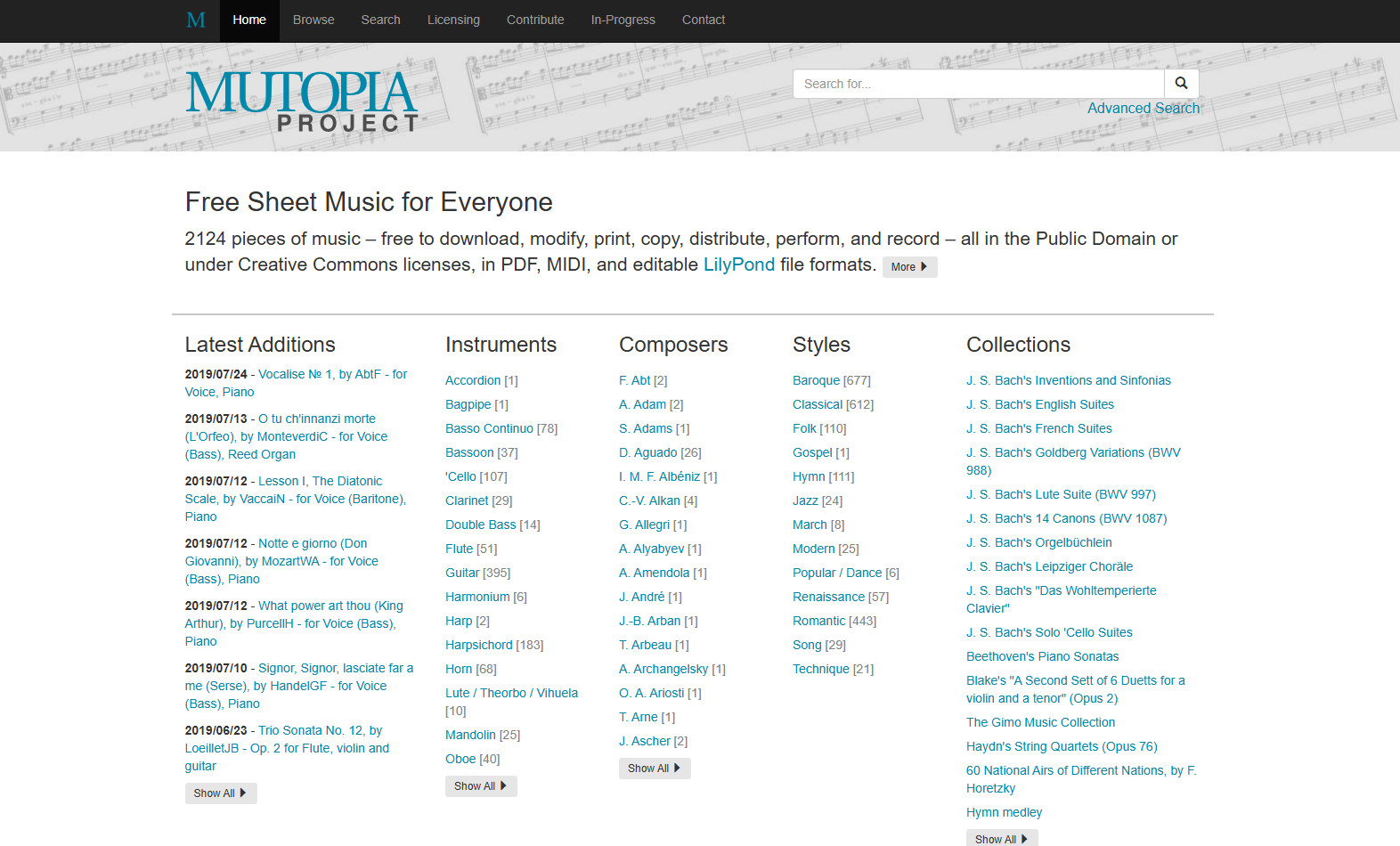 Mutopia Project homepage with categorized sheet music lists.