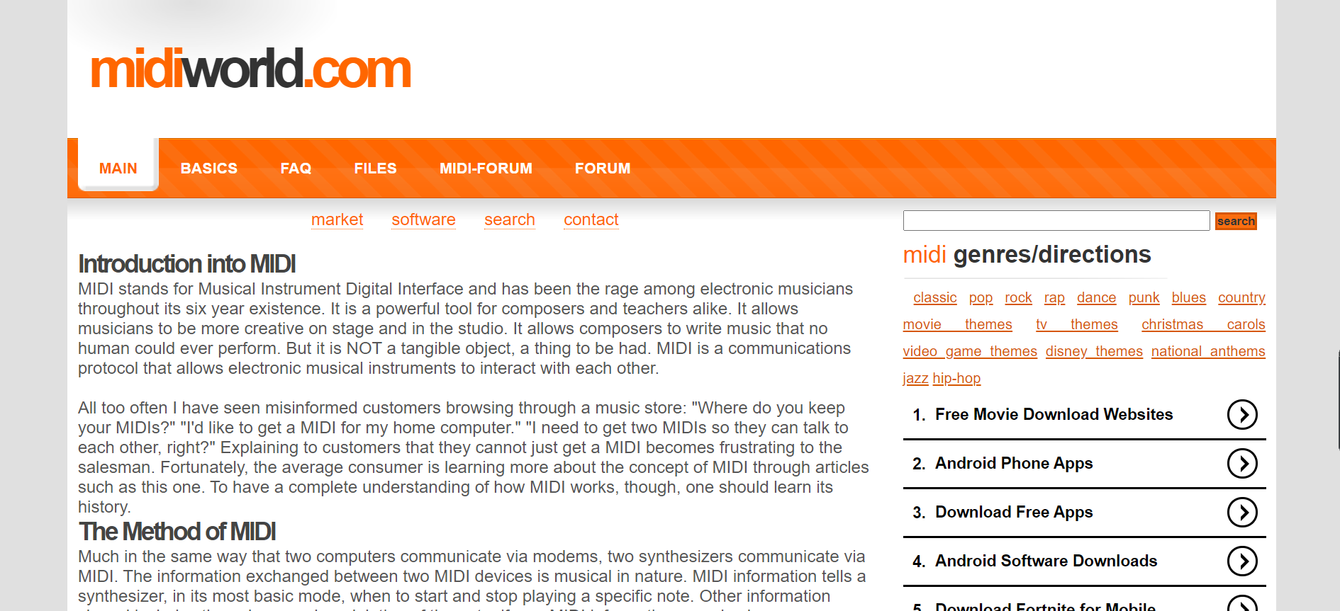 Homepage of midiworld.com with orange and white layout.