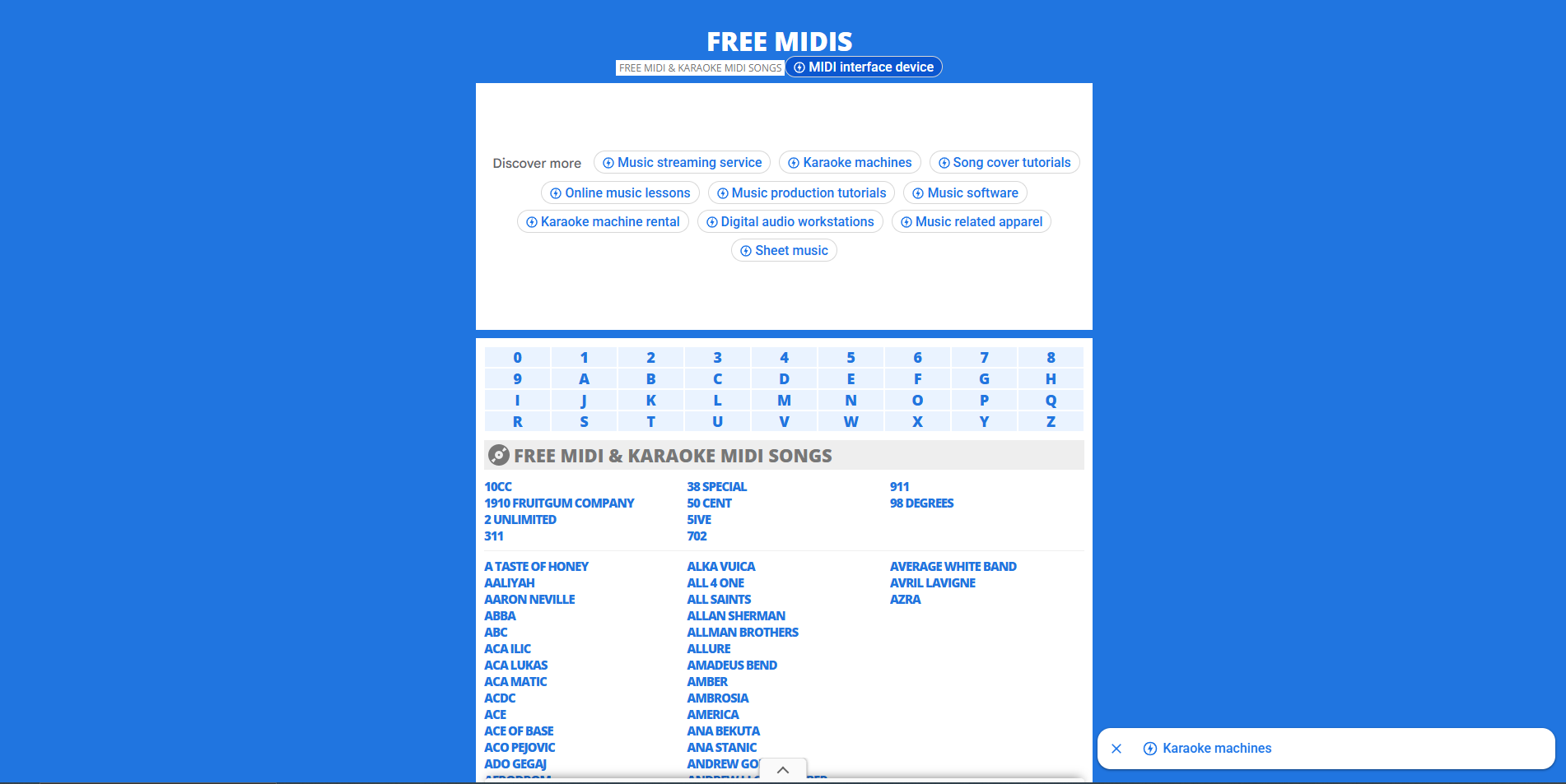 Free MIDIs website with blue background and alphabetical song list.