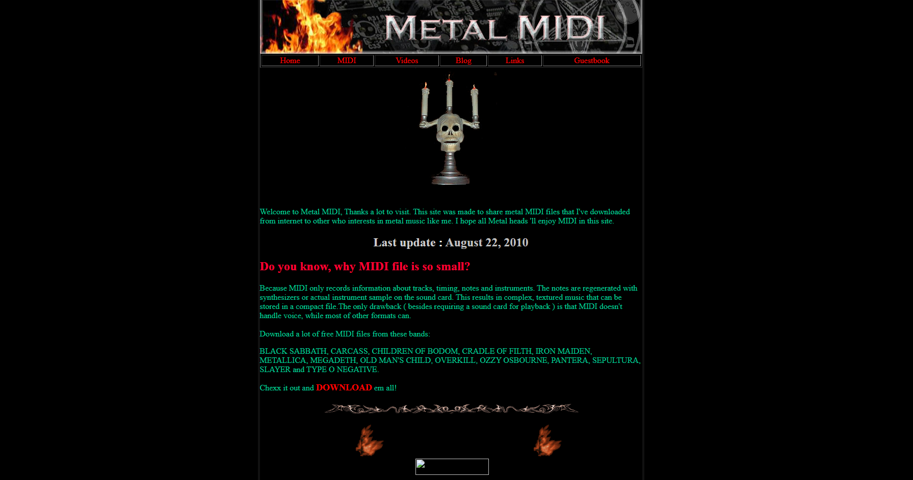 Metal MIDI homepage with a dark theme, skull candelabra, and list of metal bands.
