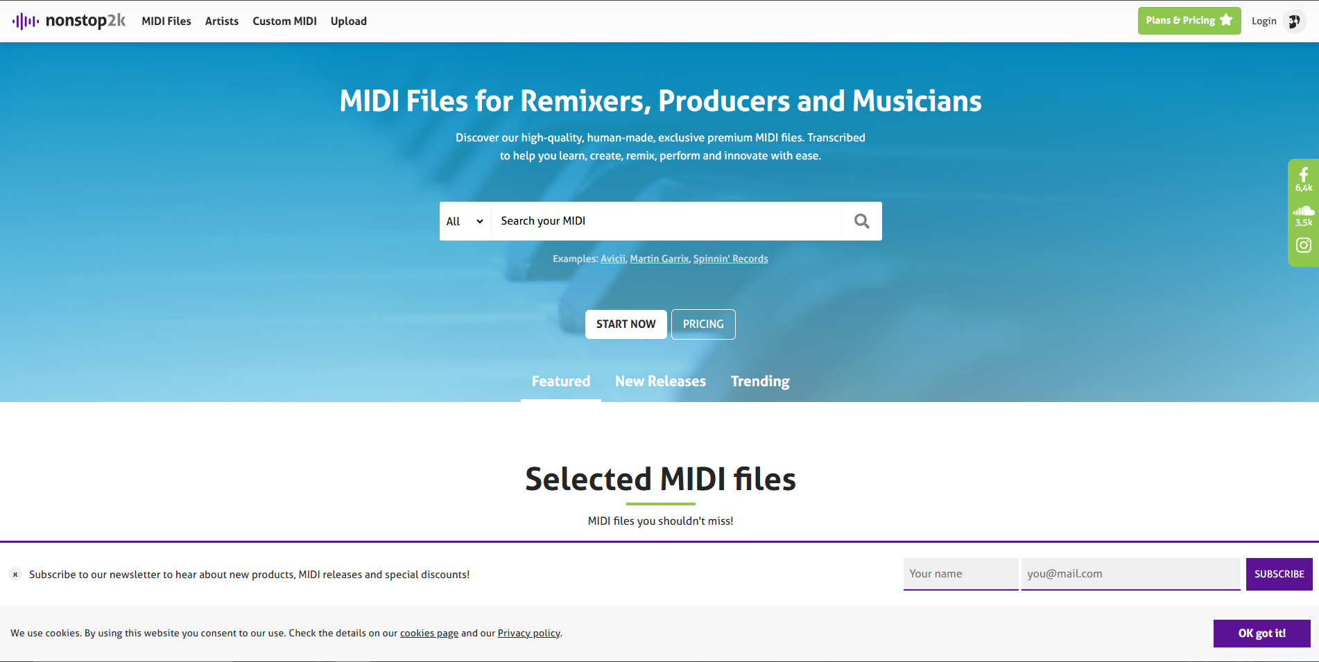 NonStop2k homepage with a blue piano background, search bar, and "Selected MIDI files" section.