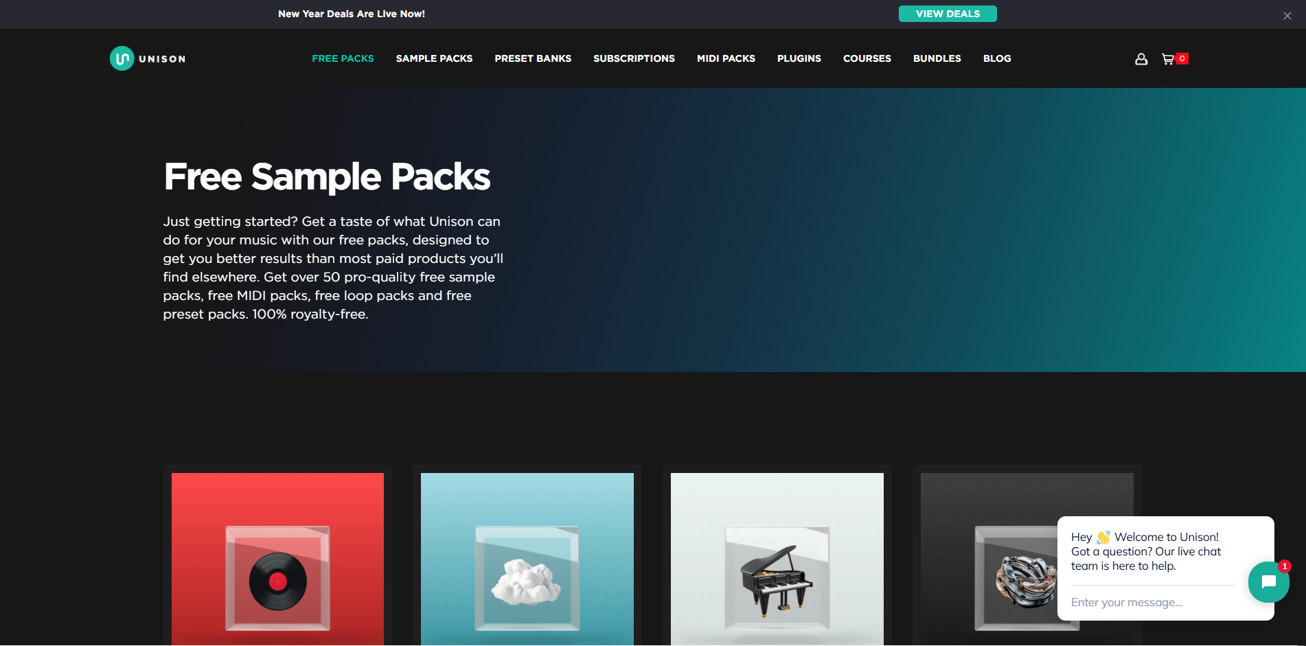 Unison homepage featuring a dark banner for free sample packs and a row of product icons.