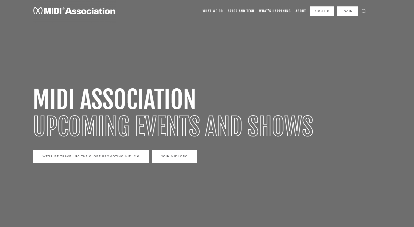 MIDI Association website with a dark gray background and large white text for upcoming events.