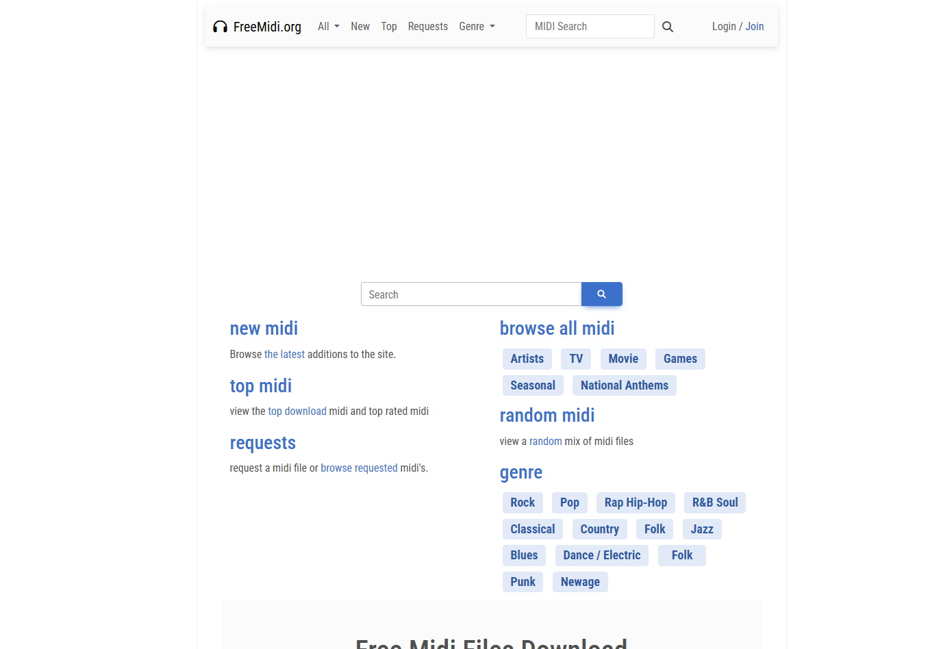 Homepage of FreeMidi.org featuring blue text and category buttons.