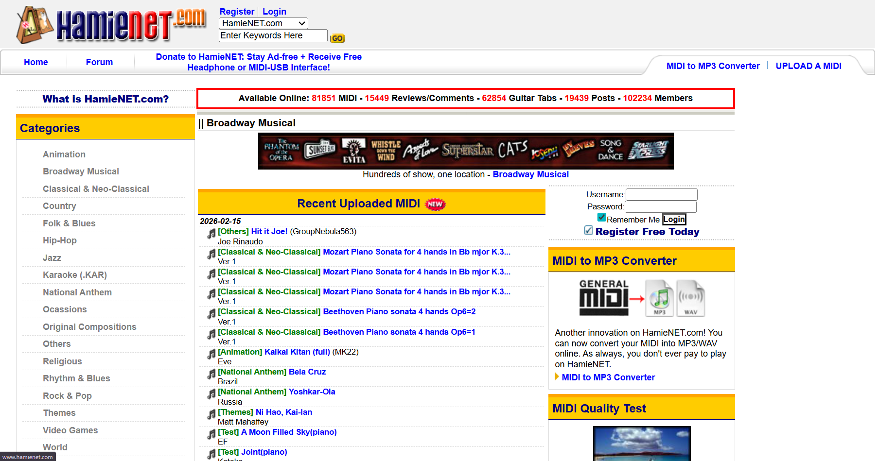 HamieNET homepage featuring a yellow sidebar of MIDI categories and a list of recently uploaded tracks.
