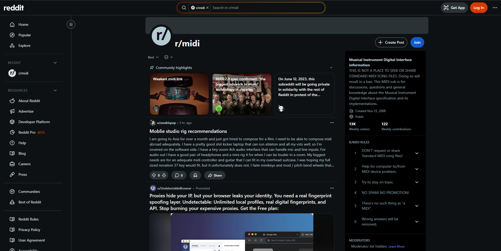Reddit interface showing the r/midi subreddit with community highlights and recent posts.