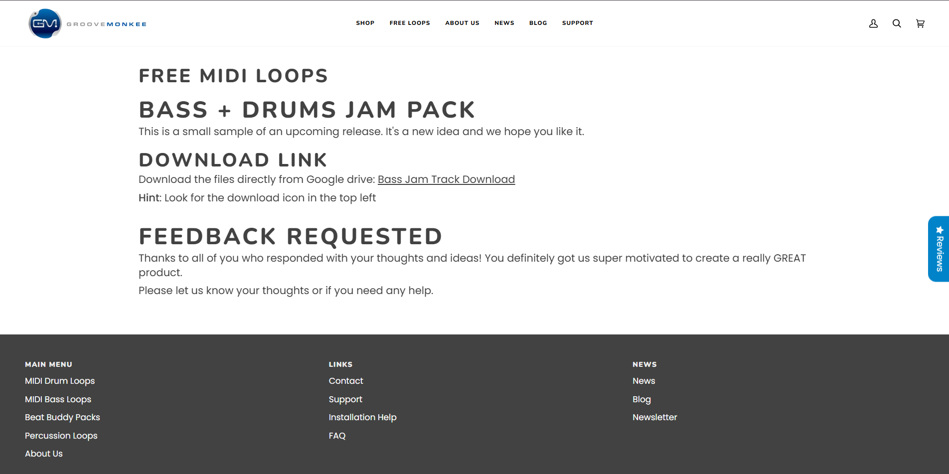 Groove Monkee webpage featuring a "Free MIDI Loops" download link and a minimalist footer.