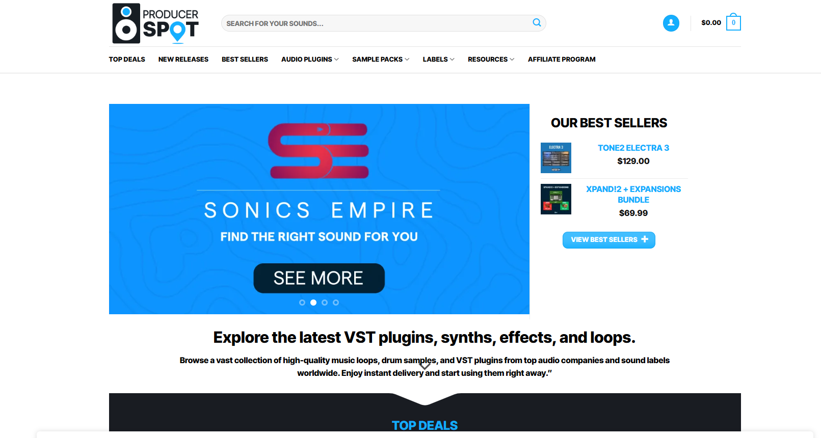 Producer Spot homepage with a blue Sonics Empire banner and a best sellers sidebar.