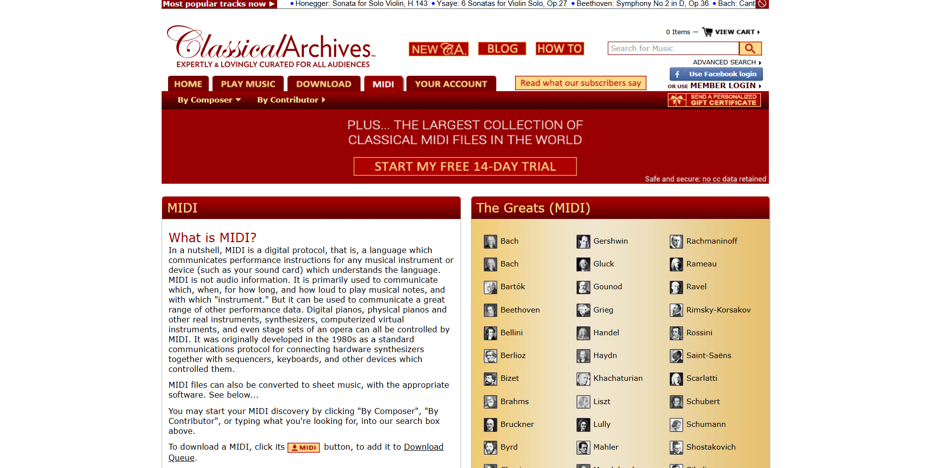 Classical Archives homepage with a red theme and lists of famous composers.
