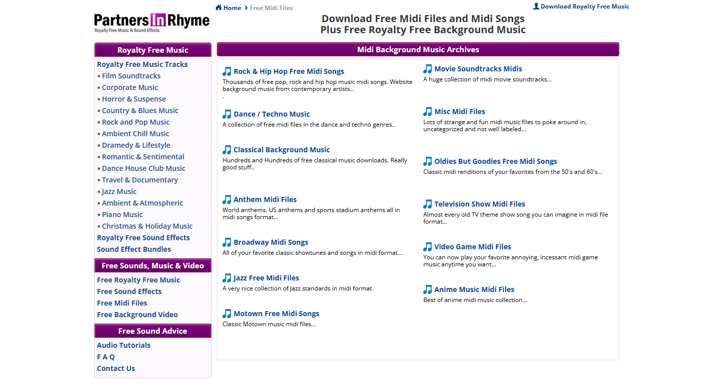 Partners In Rhyme website with a purple and white theme and royalty-free music categories.