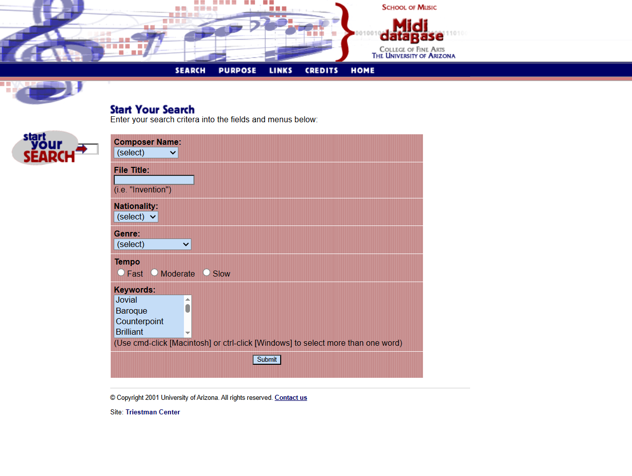 Midi Database search page with a brown form and University of Arizona branding.