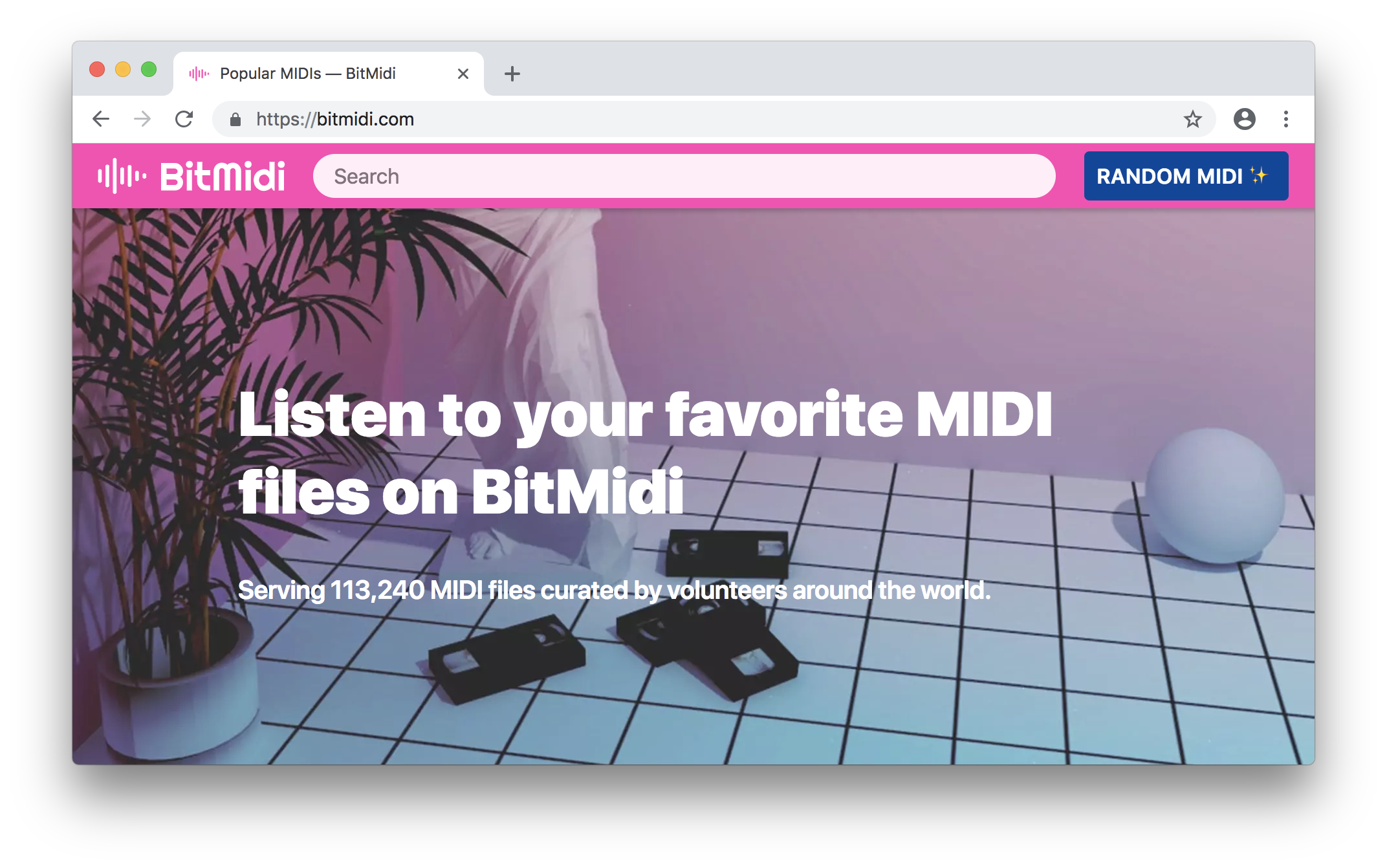 Screenshot of the BitMidi website homepage featuring a vaporwave aesthetic.