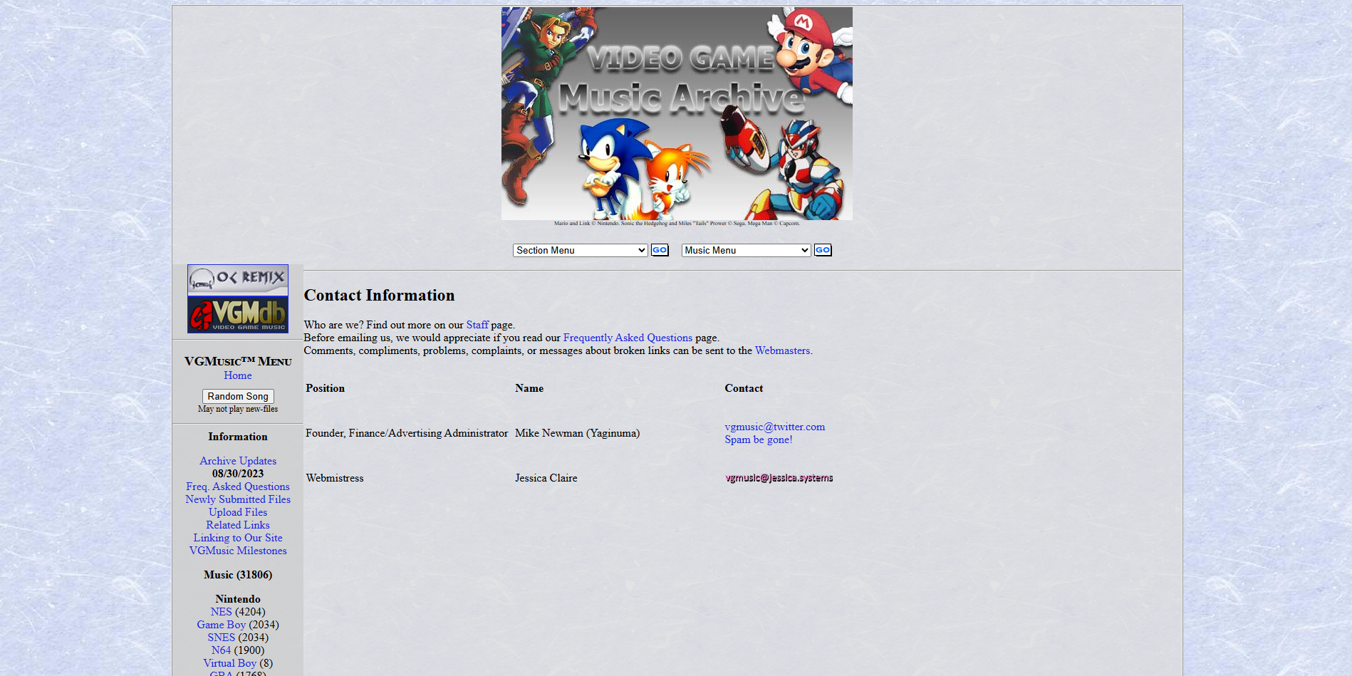 Video Game Music Archive homepage with classic characters and a console-based navigation sidebar.