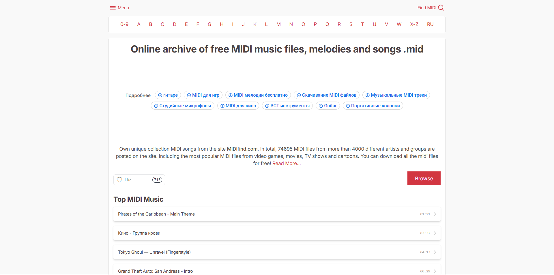 MIDIfind.com homepage with a red and white theme and a list of top MIDI music.