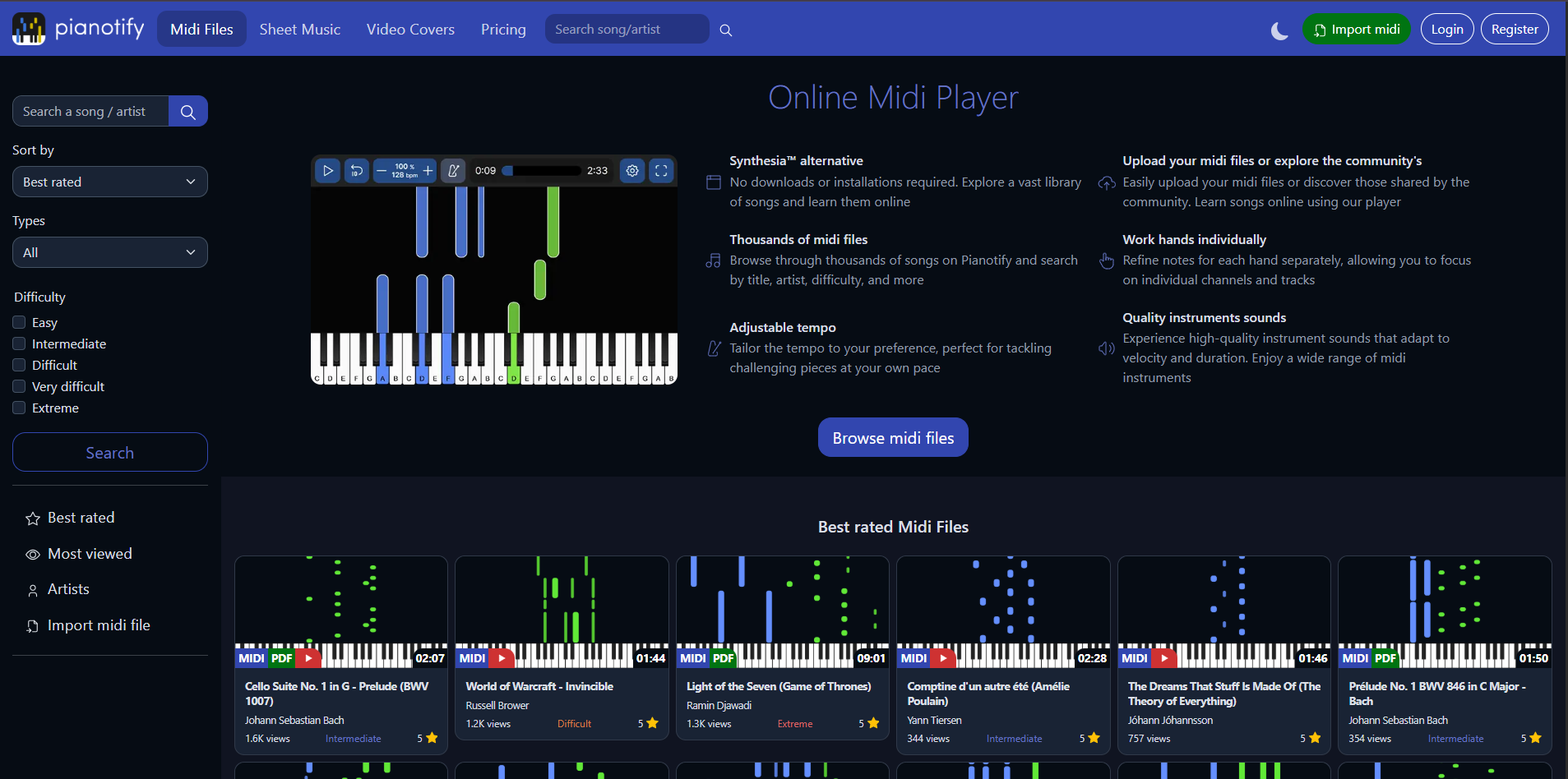 Pianotify homepage featuring a dark-themed online MIDI player with a visualizer and song lists.