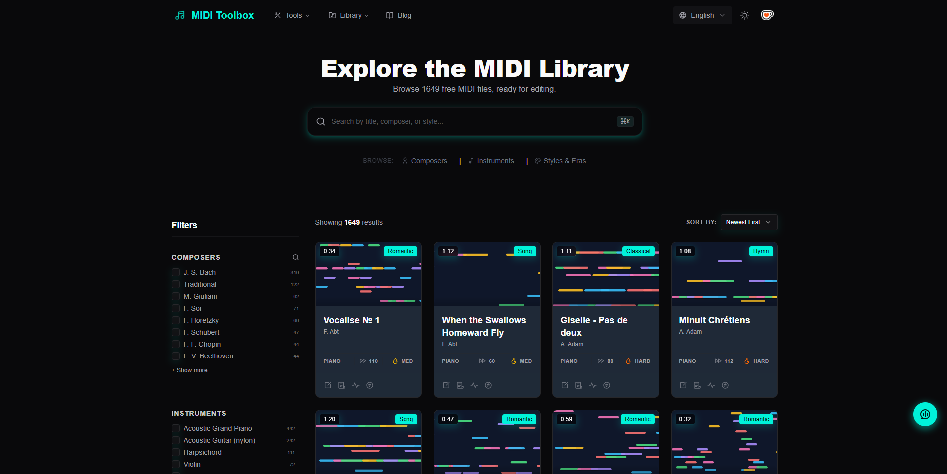 Dark-themed MIDI library with grid of song cards and filtering sidebar.