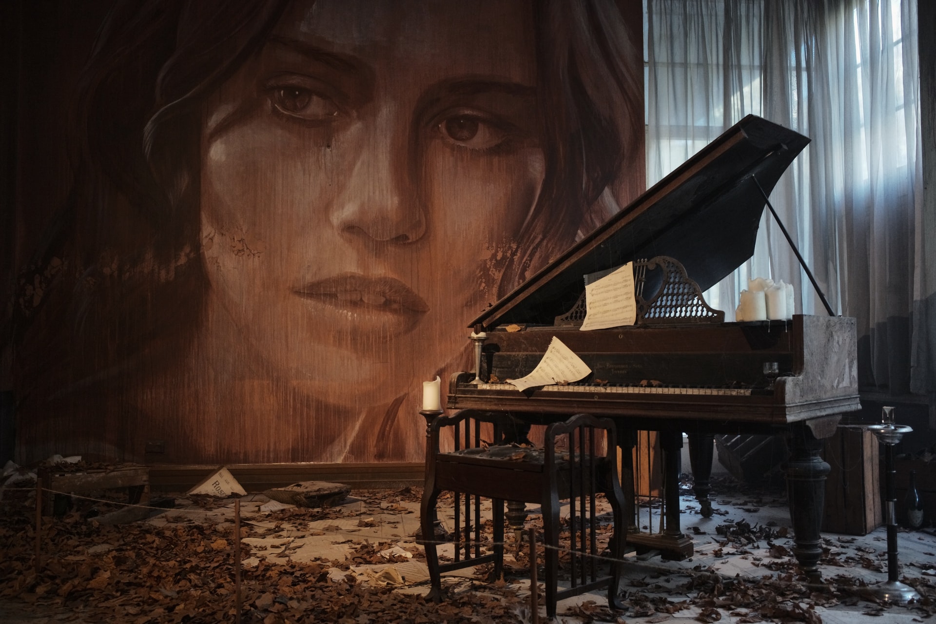 Vertical Piano In an Old House With a Woman Painting
