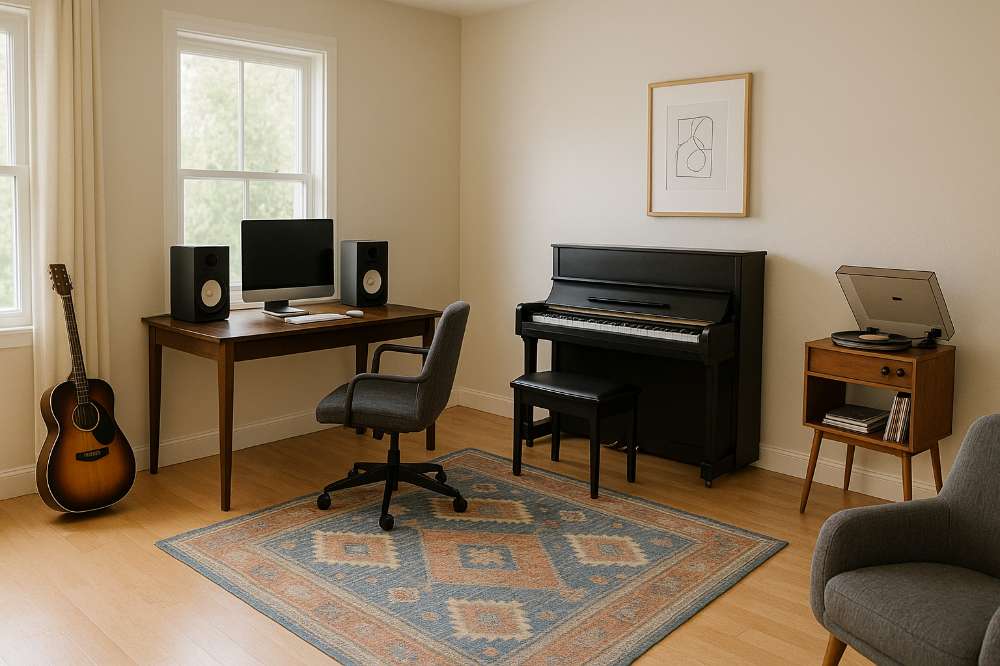 Home music room with upright piano, desk with computer and speakers, guitar, chair, rug, and record player on a cabinet
