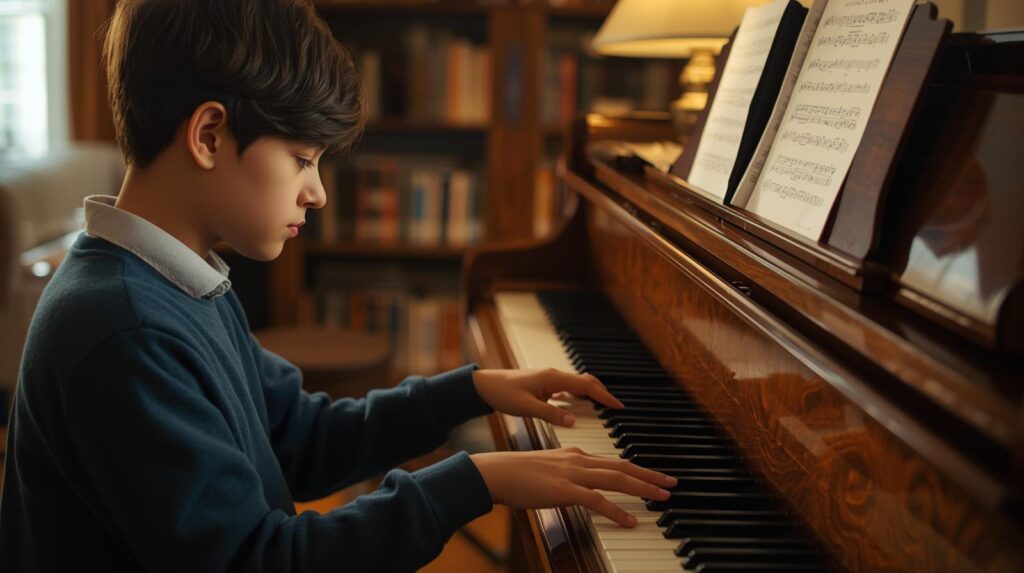 Young student practicing piano at home, focusing on technique and sheet music to improve piano skills