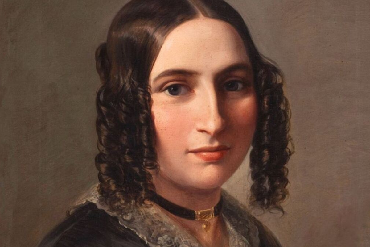 Classical portrait painting of woman with dark curled hair