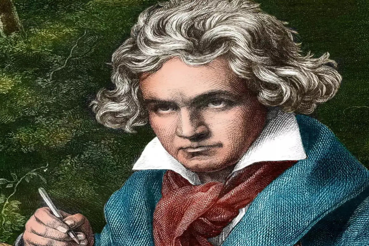 Illustrated portrait of composer writing outdoors with quill
