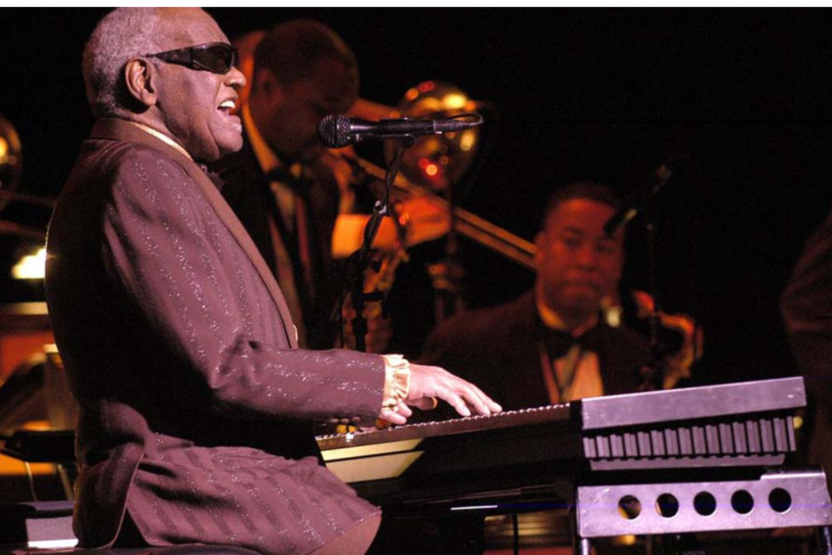 Musician wearing sunglasses performs at keyboard beside microphone